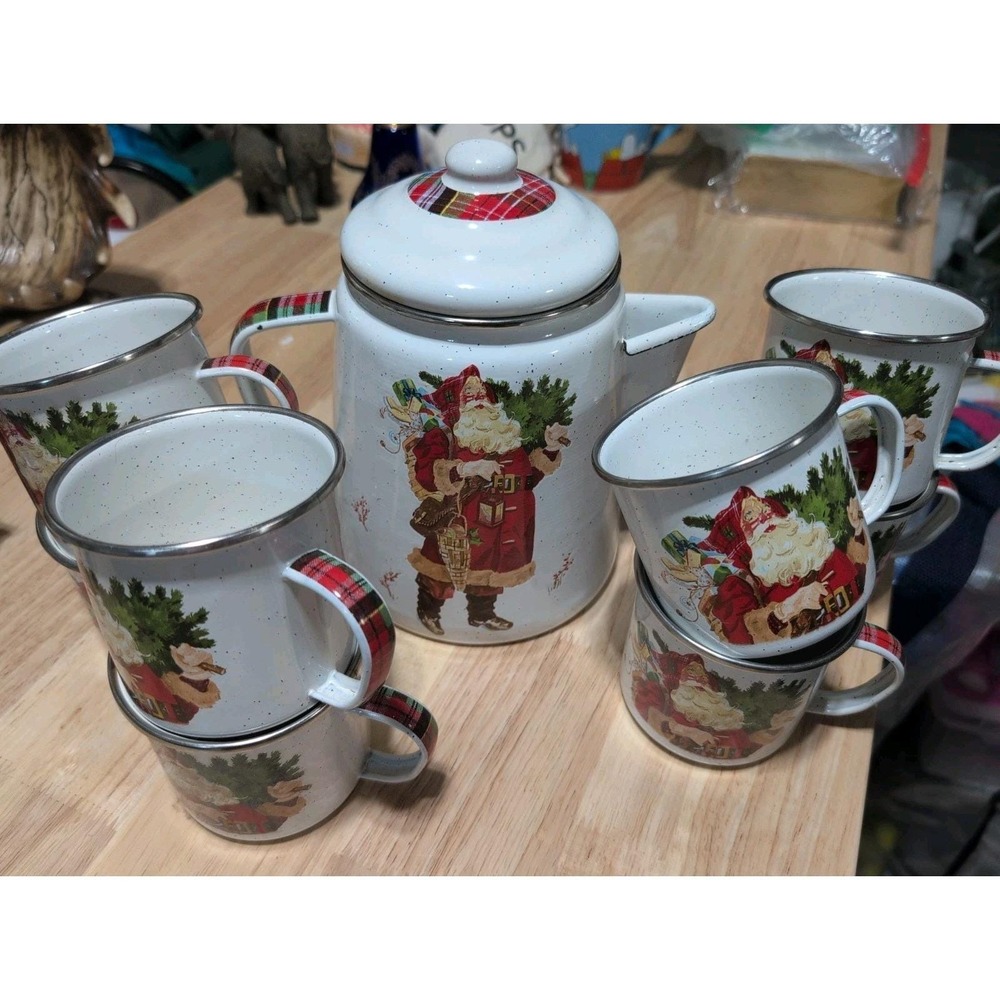 Vtg Hallmark Old World Santa White Enamel Teapot Set with 8 Cups Jan Karon